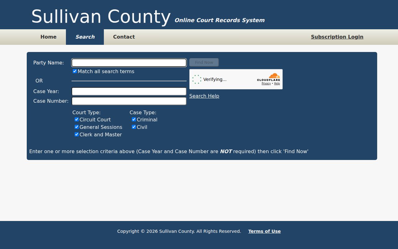 Sullivan County civil court docket public search fields